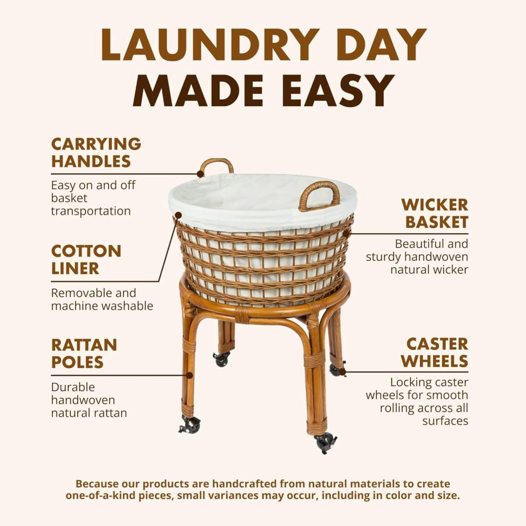 Alt text: Laundry room organization products featuring KOUBOO rolling wicker laundry basket with wheels