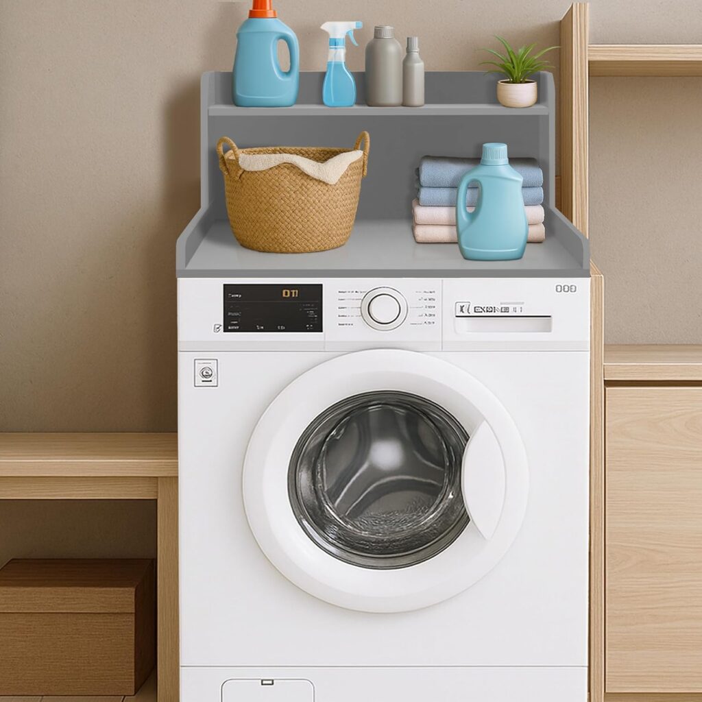  Laundry room organization products showing washer dryer countertop with shelf and storage space