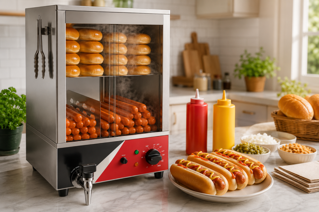 (42L Hot Dog Steamer, 2-Tier Hot Dog Hut Steamer, Electric Bun Warmer with 86℉~185℉ Temperature Control，Tempered Glass Slide Doors Partition Plate Tong, Stainless Steel, for Hot Dogs & Buns)