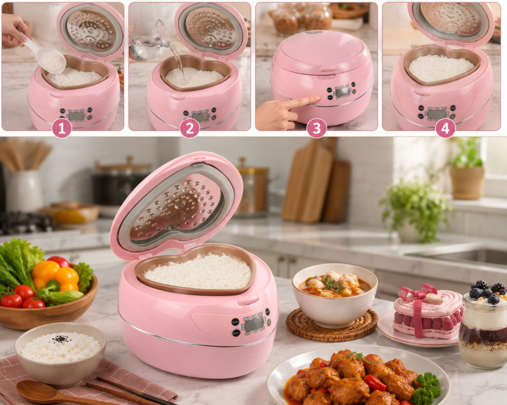 peach heart shape pink rice cooker 1.8L best rice cooker multifunctional preset timer