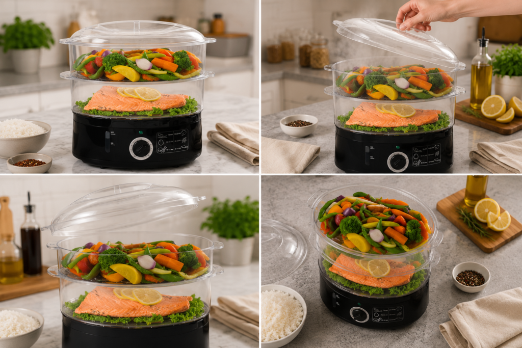 BELLA two tier food steamer stackable baskets steam cooking tools 7.4 quart black