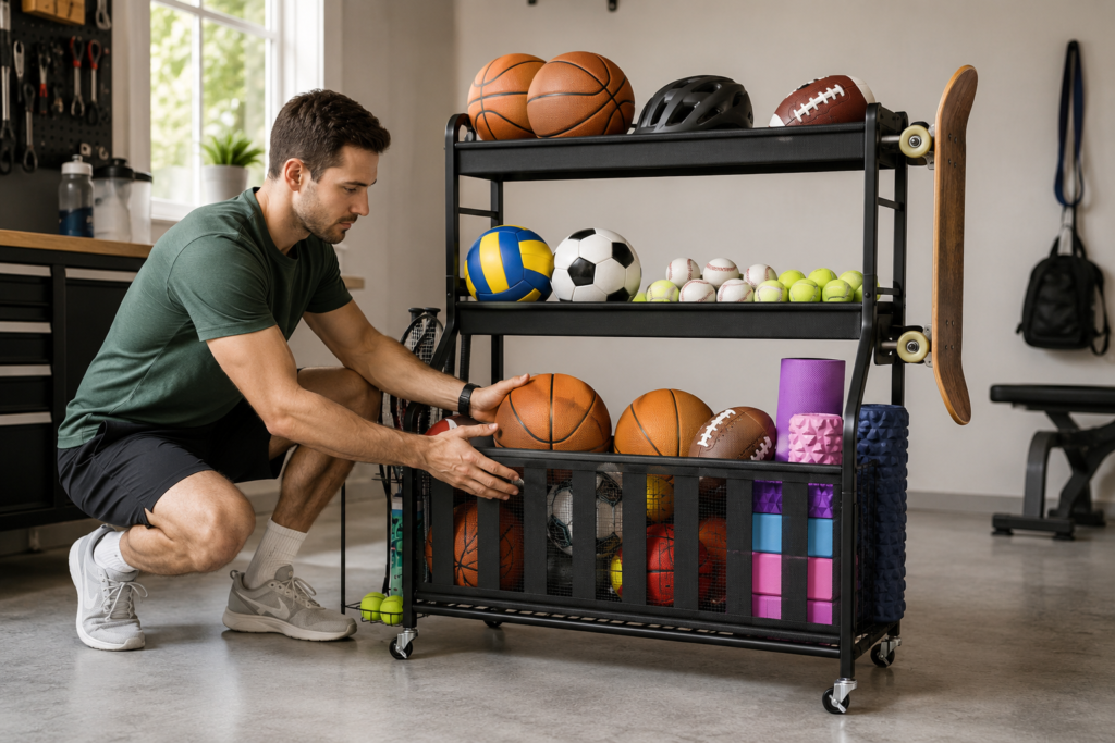 Keep misc rolling ball cart with wheels sports equipment organizer smart storage solutions garage