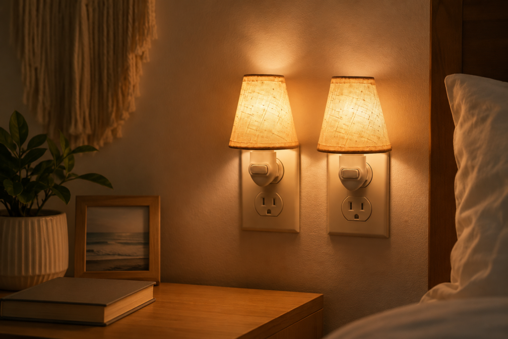 vintage linen shade plug-in night light 2-pack 2200K warm rotatable bedroom lighting finds