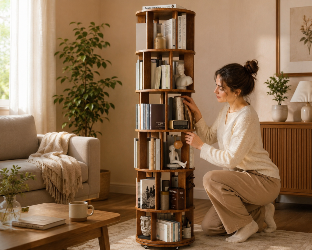 rotating bookshelf with brakeable wheels and drawer 360 spinning tower smart storage solutions wood