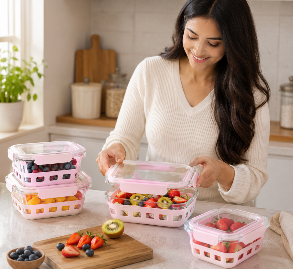 Ello DuraGlass meal prep containers silicone sleeve airtight BPA-free pink cashmere