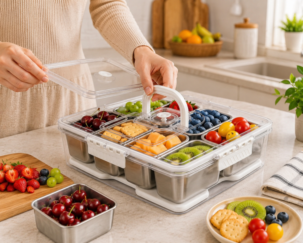 Homelove snackle box containers with ice pack 8 compartment divided tray lid handle outdoor