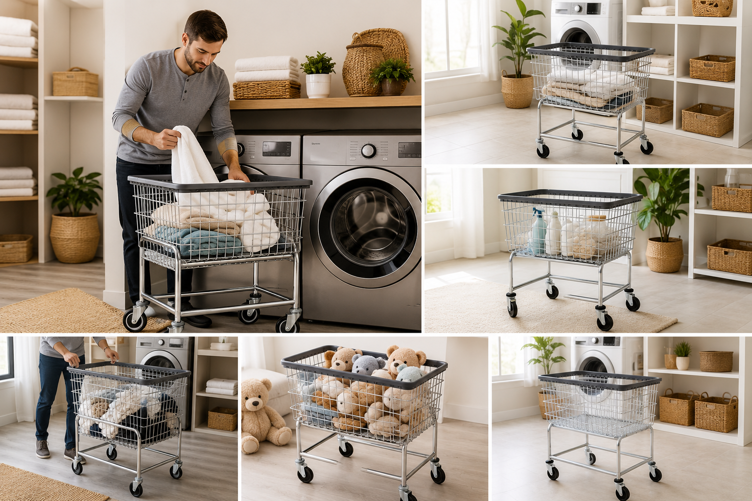 R&B Wire Heavy Duty Laundry Cart chrome steel rolling laundry hamper